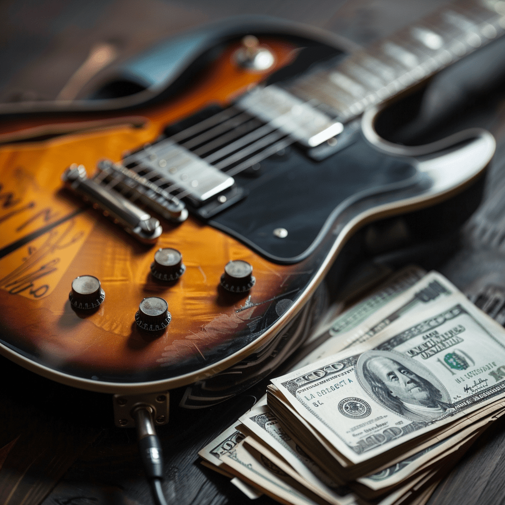 guitar and coins